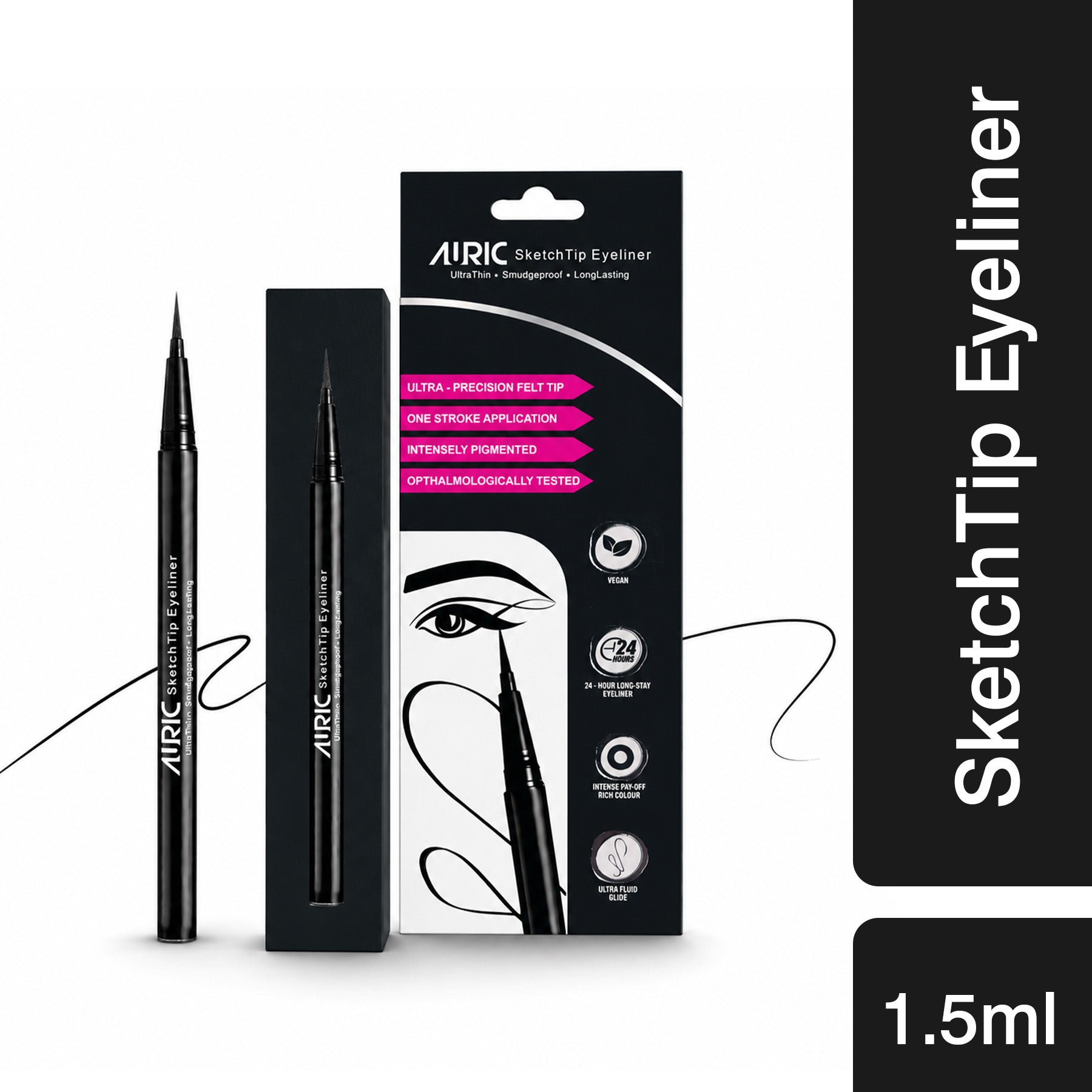 AURIC Sketch Tip Eyeliner | Ultra Precise Felt Tip | Waterproof & Smudge Proof | Intense Black Long Lasting Eyeliner | 1.5 ml