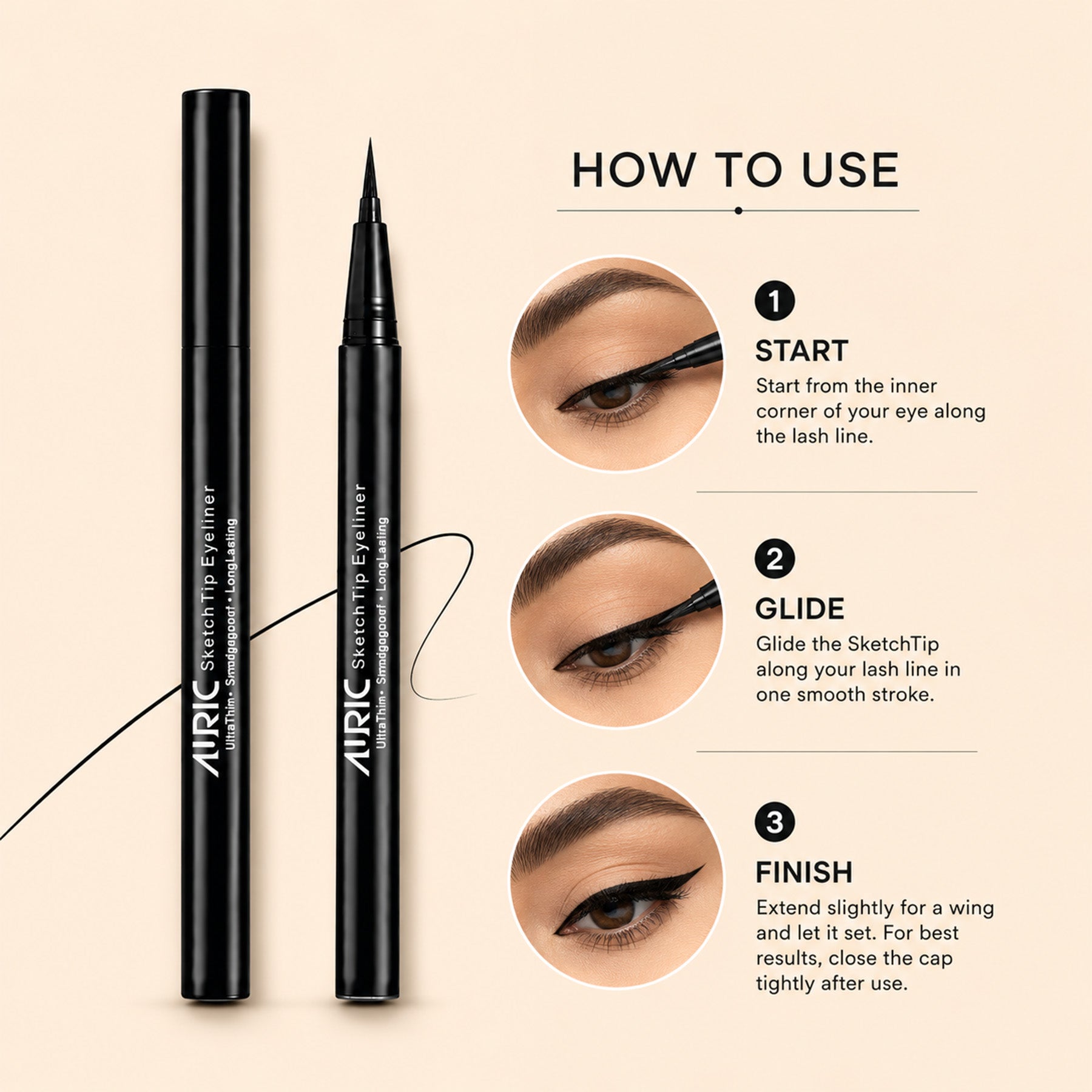 AURIC Sketch Tip Eyeliner | Ultra Precise Felt Tip | Waterproof & Smudge Proof | Intense Black Long Lasting Eyeliner | 1.5 ml