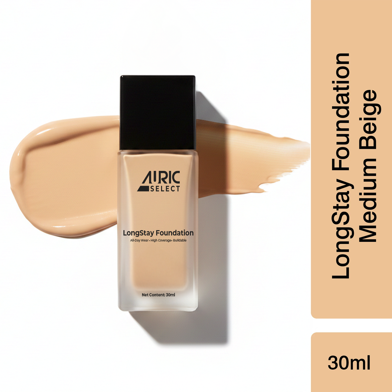 Auric Select LongStay Foundation, Medium Beige - 30 ml