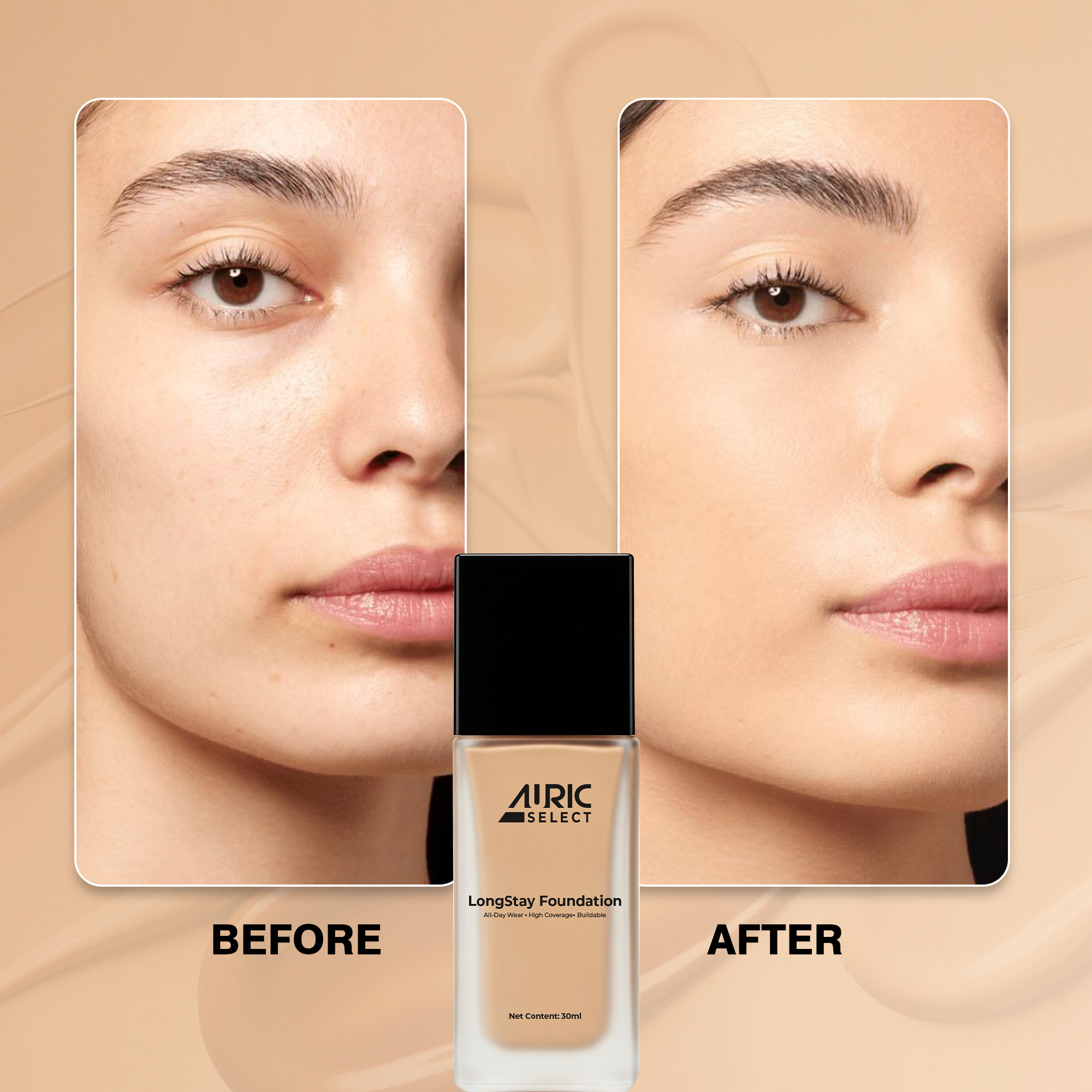 Auric Select LongStay Foundation, Medium Beige - 30 ml
