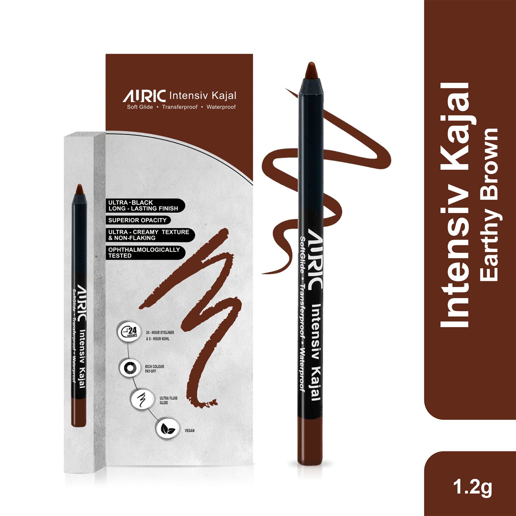 AURIC Intensiv Kajal Earthy Brown | Waterproof & Transferproof Kajal | 24H Long Lasting | Ultra Creamy Soft Glide Formula | Smudge Resistant | Ophthalmologically Tested | 1.2g
