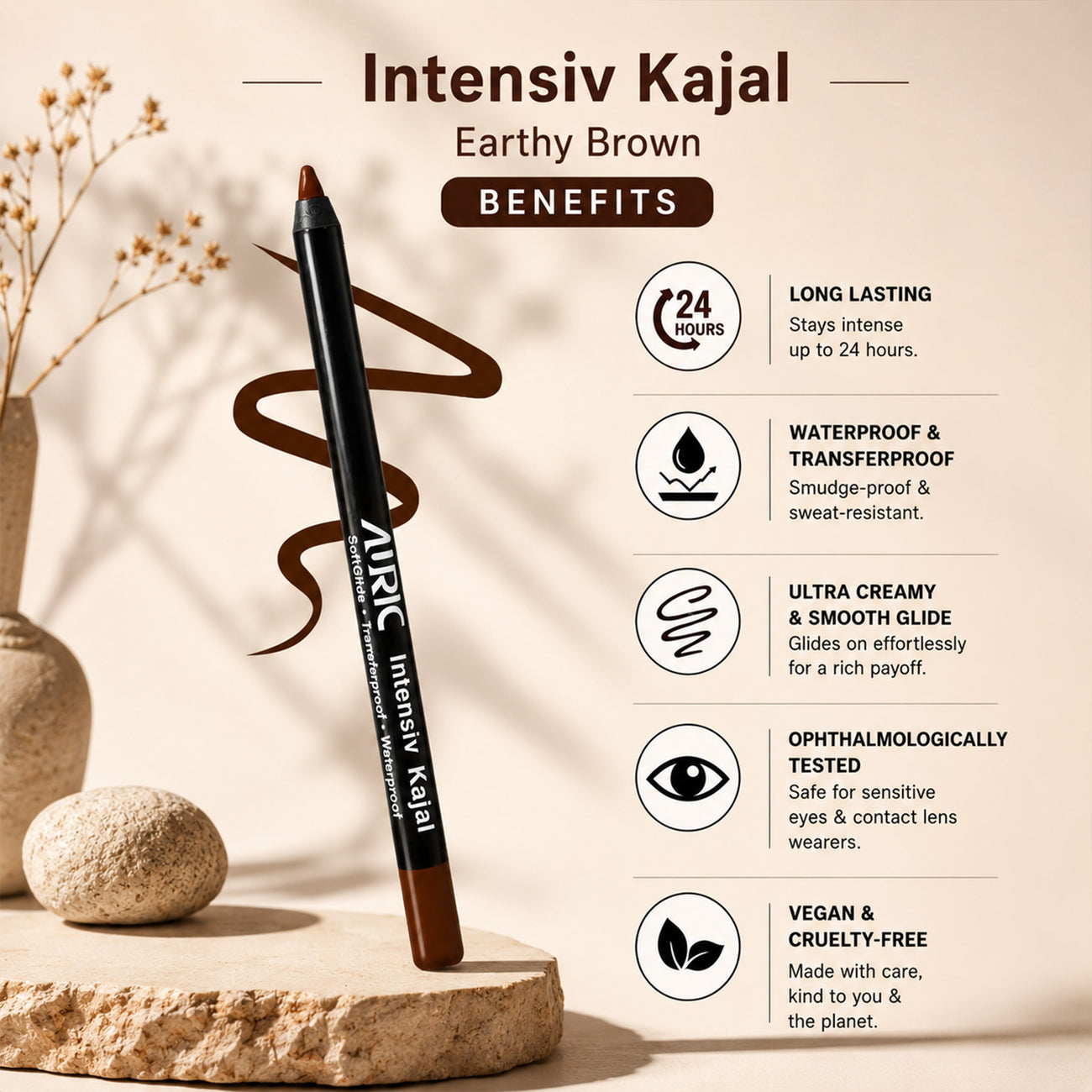 AURIC Intensiv Kajal Earthy Brown | Waterproof & Transferproof Kajal ...