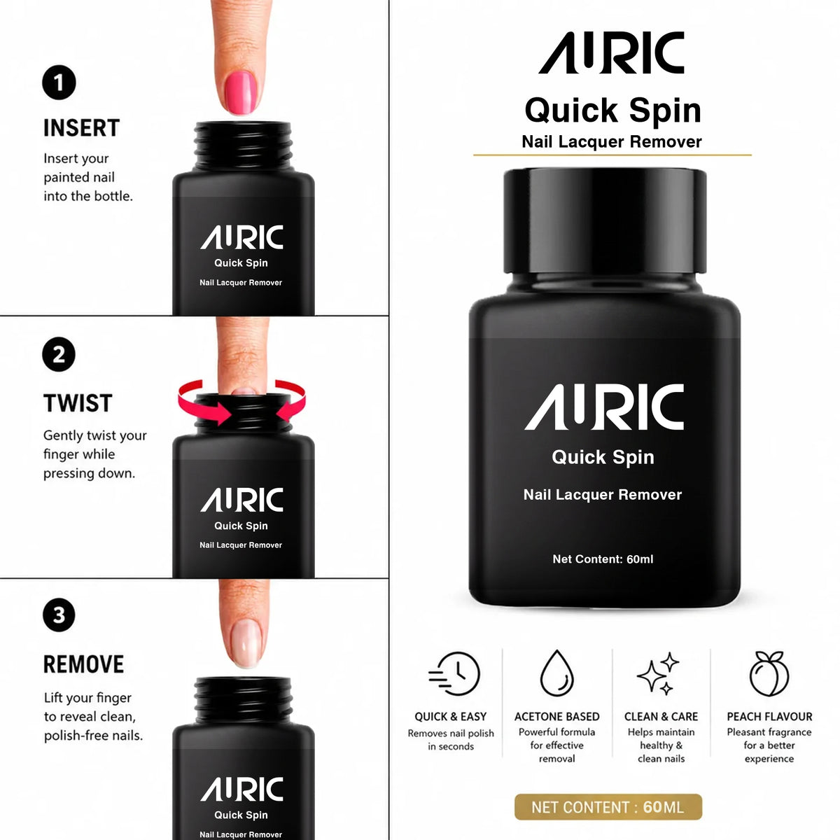 Auric Quick Spin Nail Lacquer Remover, 60ml